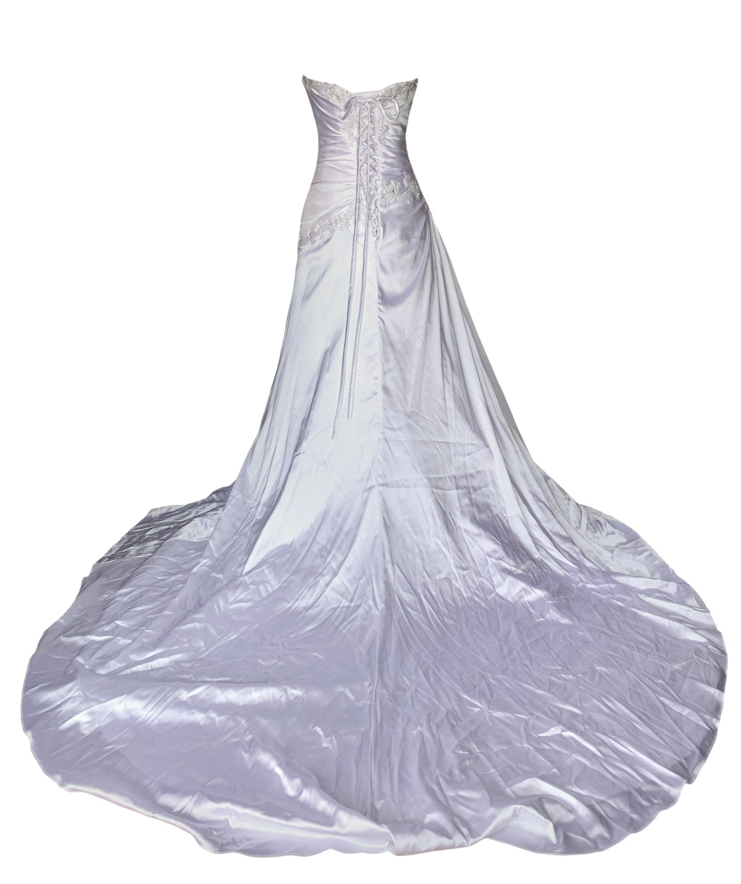 White Satin Strapless A-Line gown with Asymmetric Tucks & Beadwork