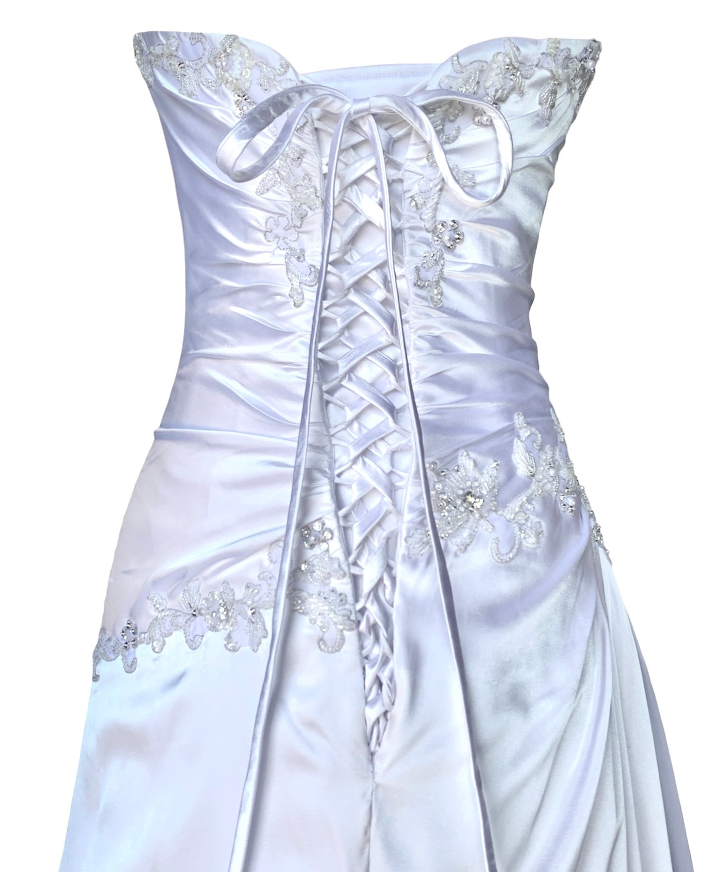 White Satin Strapless A-Line gown with Asymmetric Tucks & Beadwork