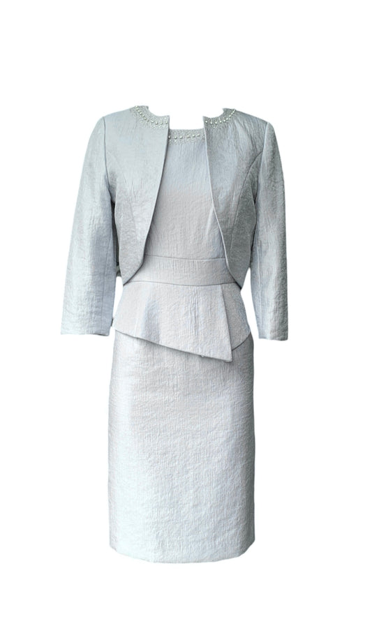 Ice Blue 2pc cap-sleeve peplum dress & 3/4 sleeve bolero jacket with beaded collar accents