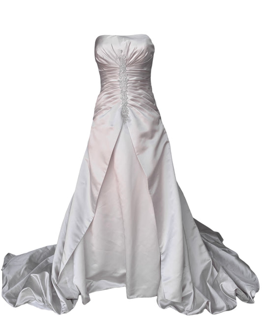 Silvery Blush Satin Strapless Fit-and-flare Gown with Beaded Appliques & Radiating Tuck Bodice & Bunched Train (optional bustling)