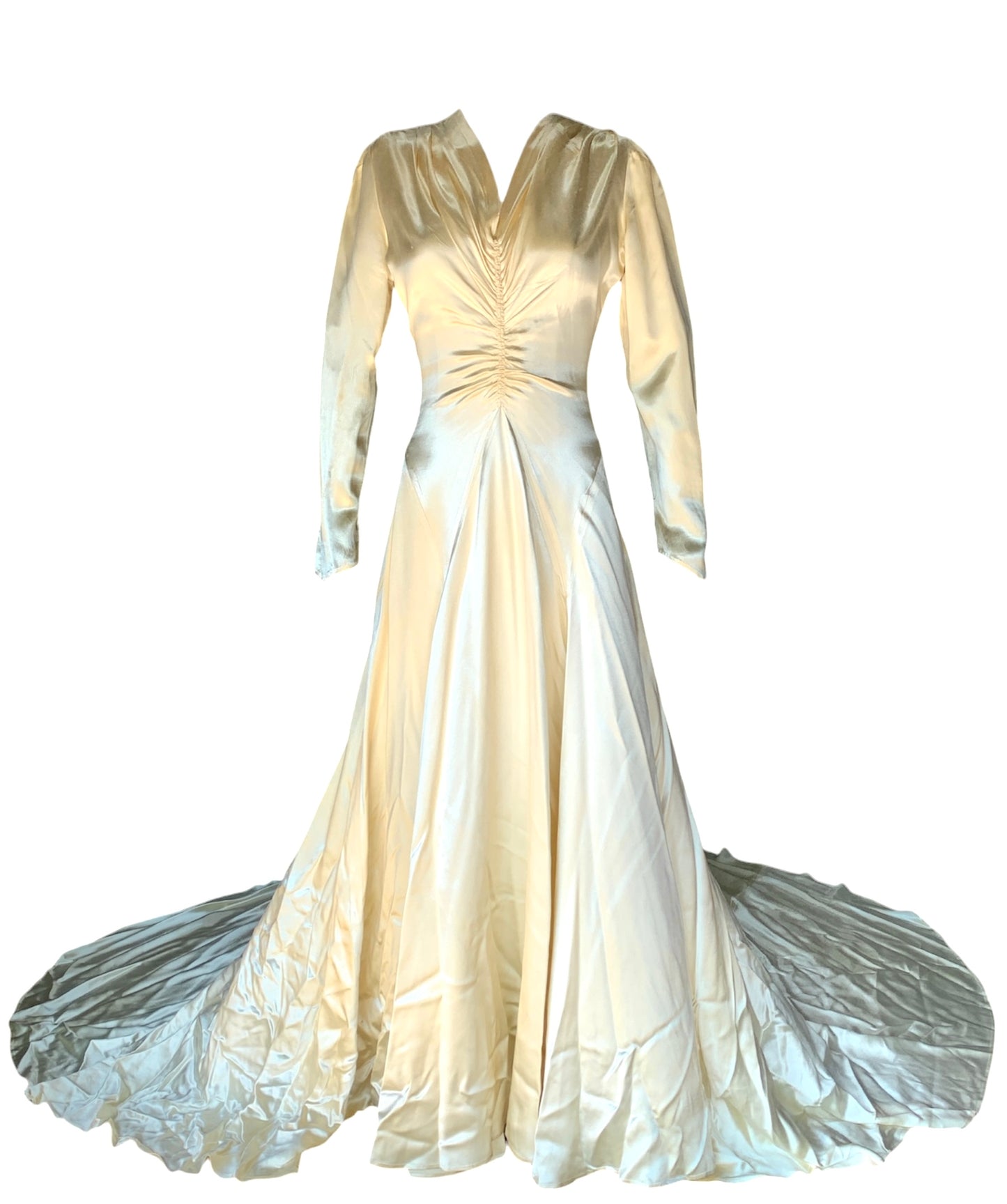 1930-40s Cream Bias-Cut Satin Wedding Gown with Cathedral train, Swan neckline, Ruched Center & Covered buttons at Sleeves & Back