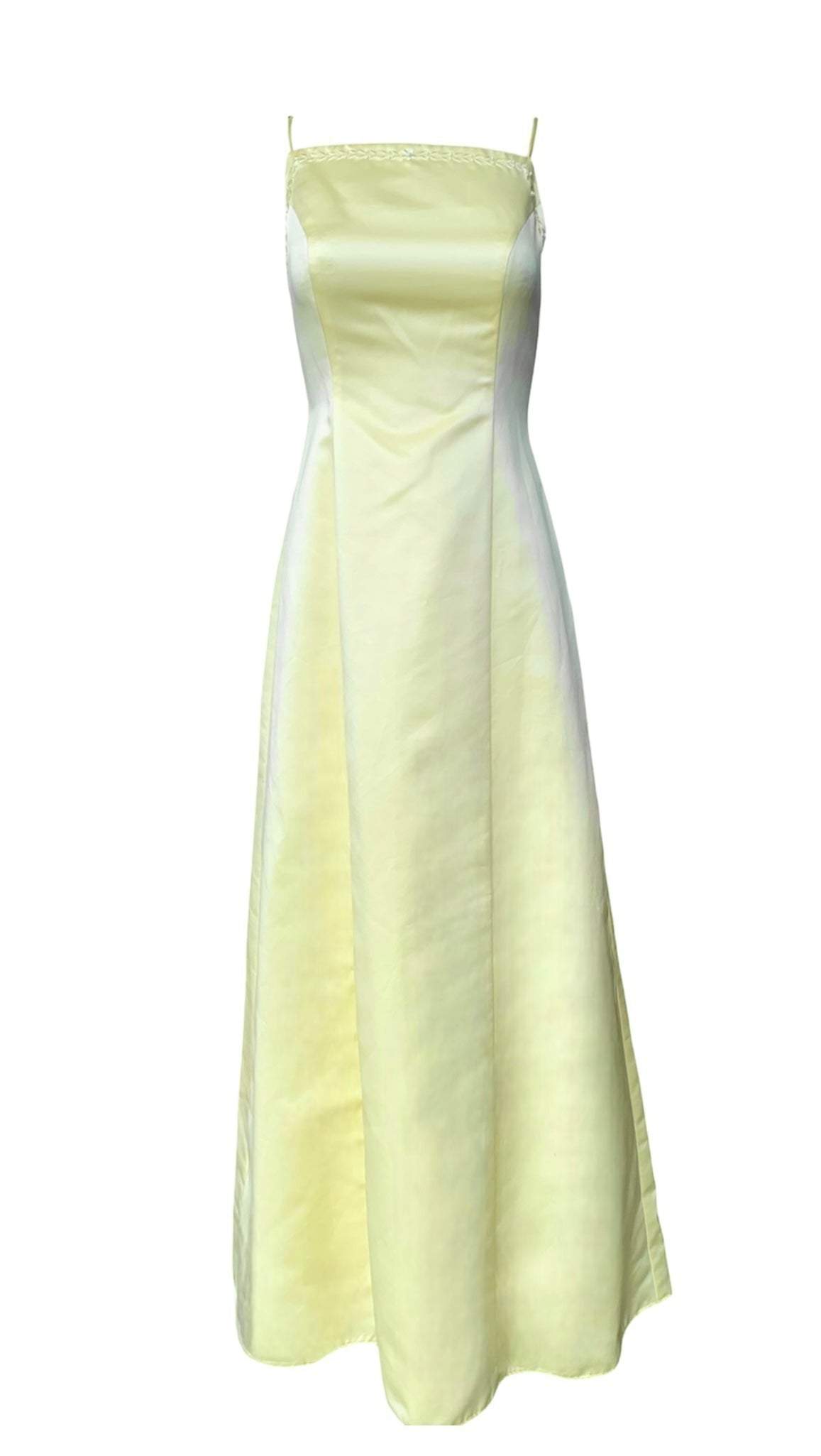 Lemon satin spaghetti strap gown wiht pearl and leaf embroidered bodice border