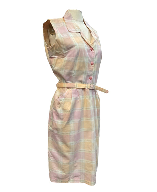 Ladies Pale Peach/Pink Plaid Cotton Sleeveless Dress