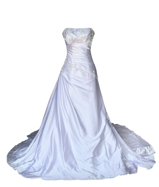 White Satin Strapless A-Line gown with Asymmetric Tucks & Beadwork