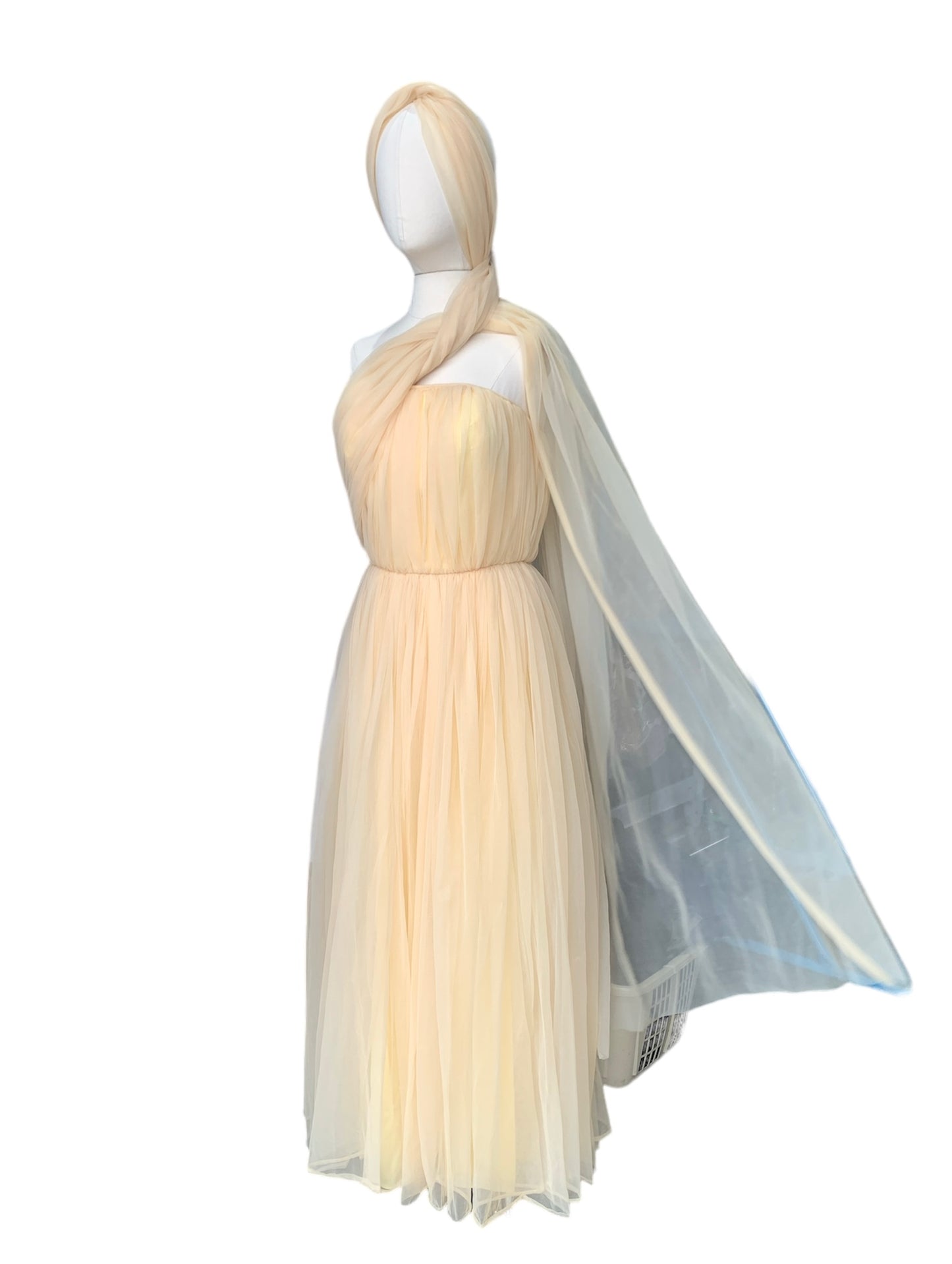 Buttermilk Grecian strapless gown with cascade