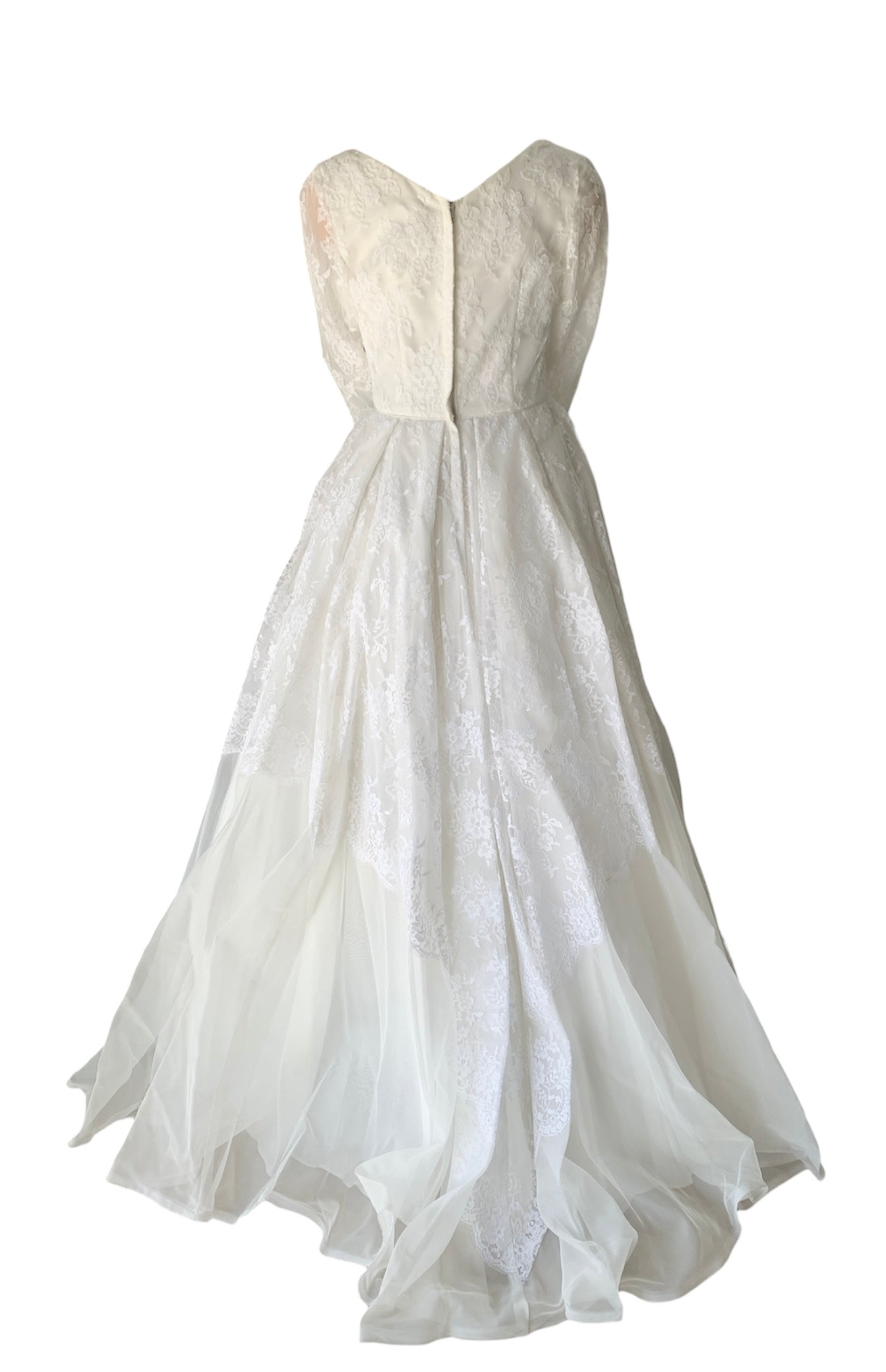 1958 Chantilly style Lace & Organdza A-line Wedding Gown with sweep train