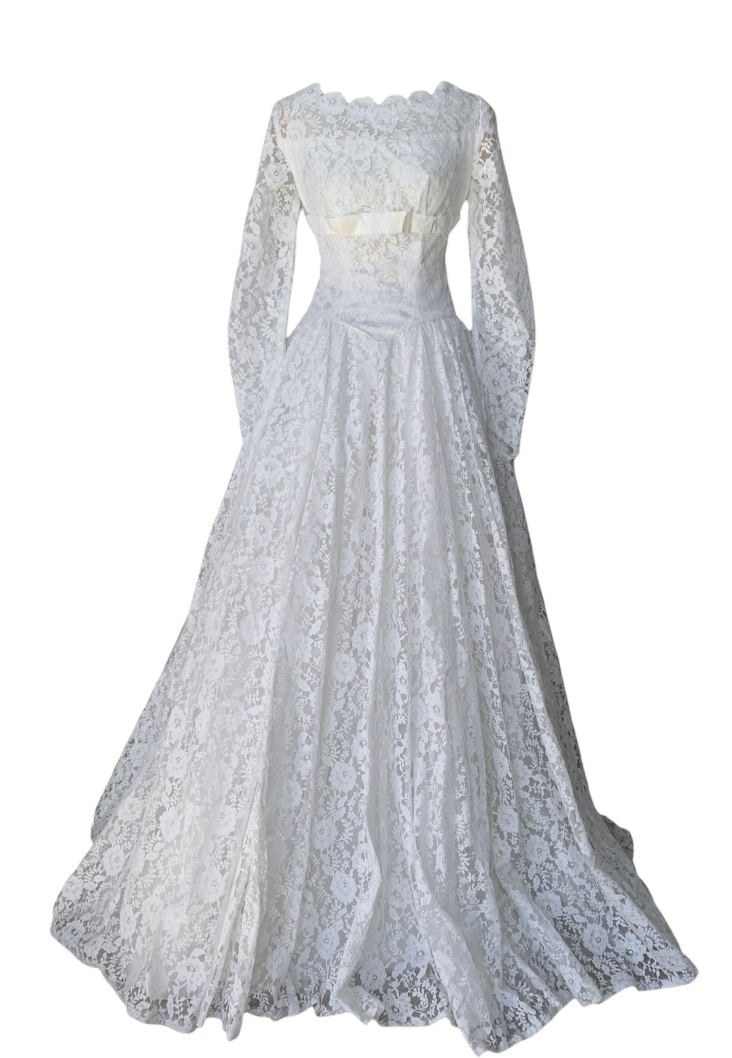 1955 Lace Fitted A-Line Gown with Chapel Train