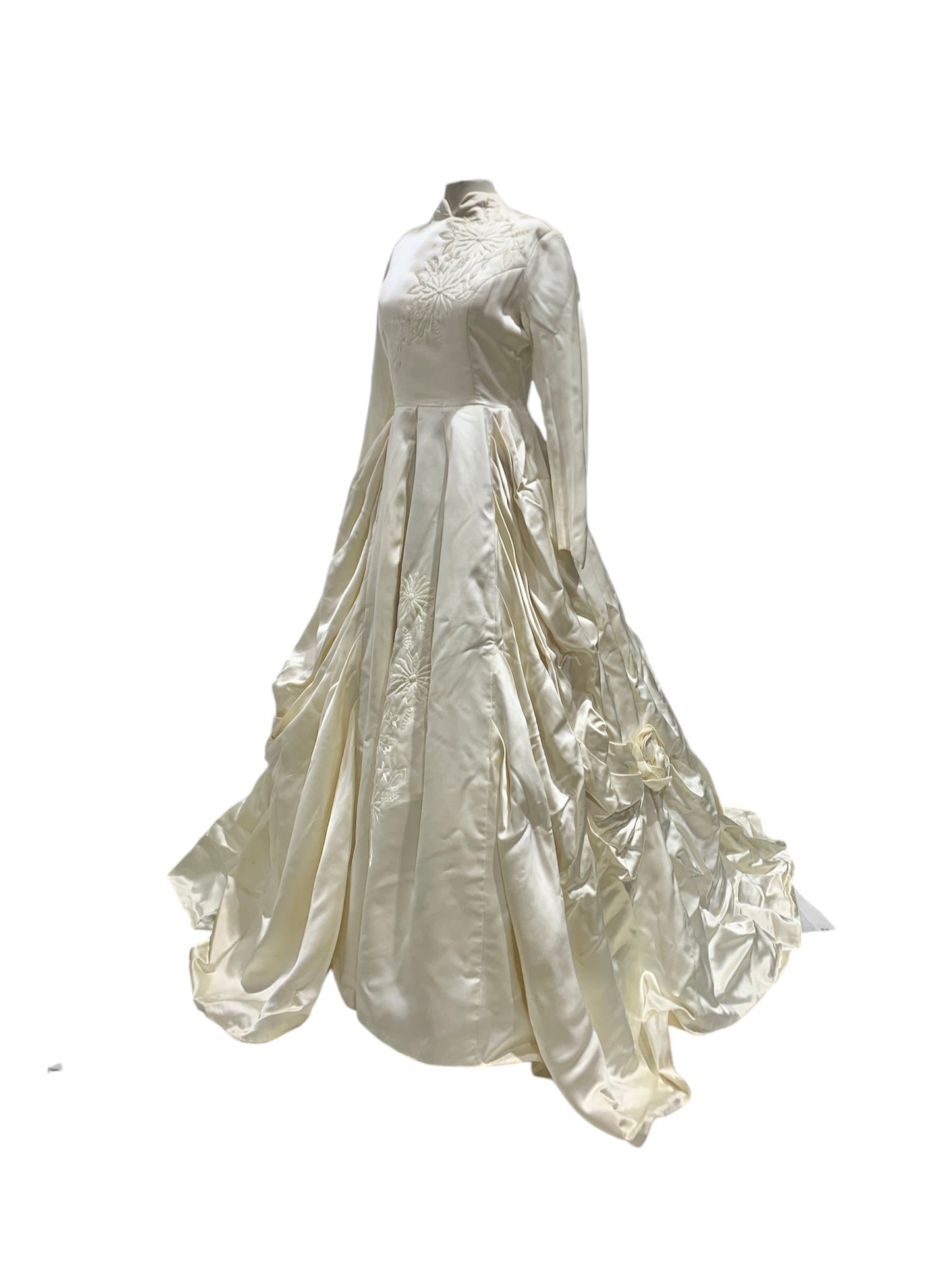 1961 Ivory Satin Long-Sleeved Gown with Draped Sides, Swan-neck Collar, and Flower Accents