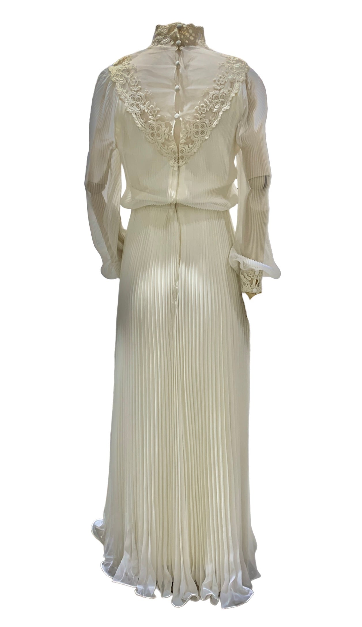 1982 Ivory Accordian-pleat Organza gown with Lace-Illusion V-neck, Lace Cuffs & Lettuce Hem