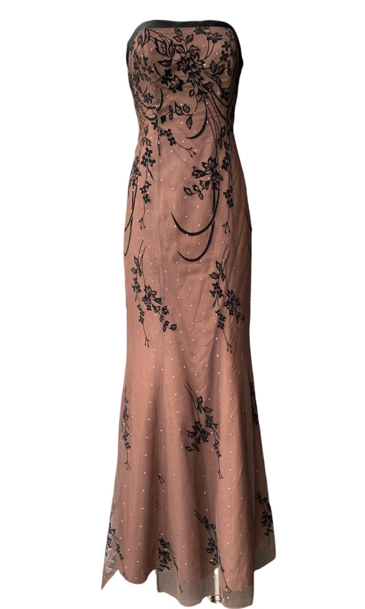 Bronze strapless gown with black accents, flocked floral overlay & corset-lace back