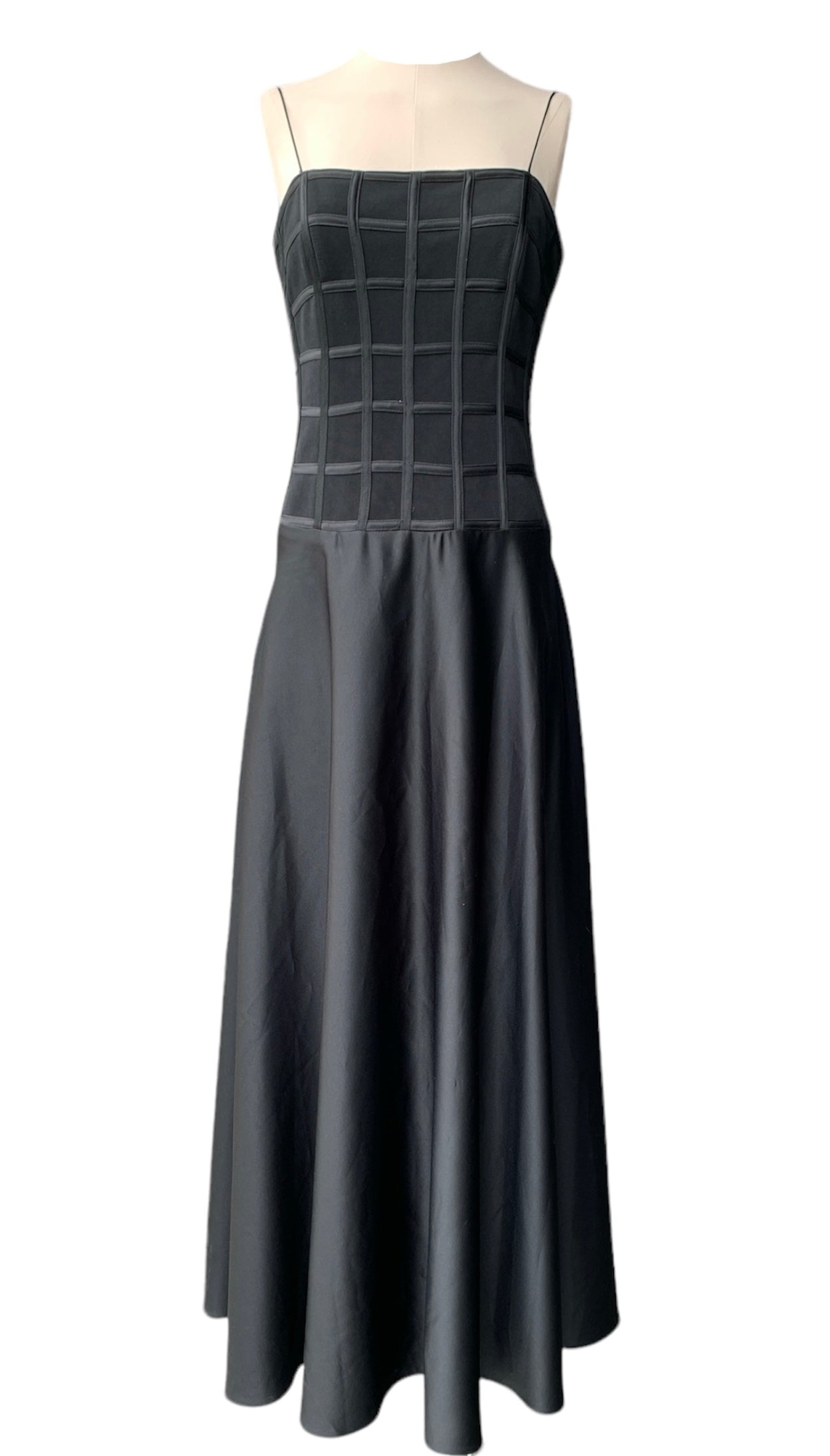 Black spaghetti-strap gown with satin lattice-embellished bodice and satin skirt