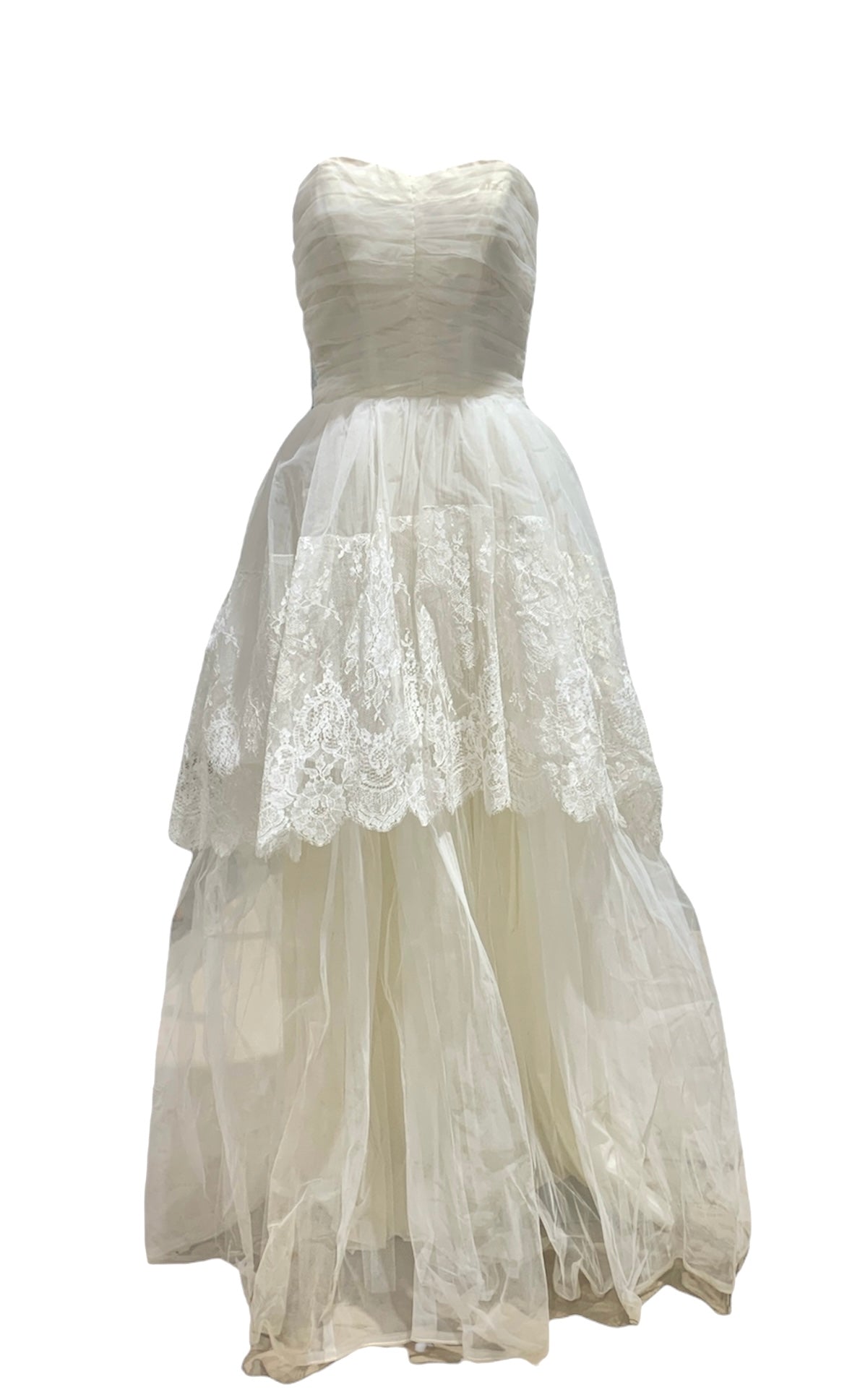 1940s-50s Chantilly Lace Teired Wedding Gown with Ruched Bodice & Matching Jacket