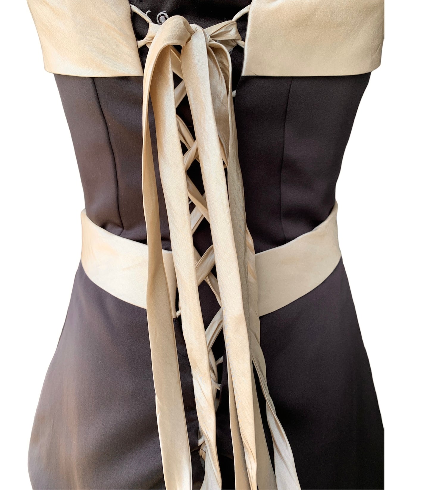 Chocolate brown puff-ruched strapless gown with cafe-au-latte bodice cuff, waistband, & corset-lacing