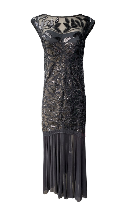 Black sequined drop-waist tiered gown with, Faux 20s