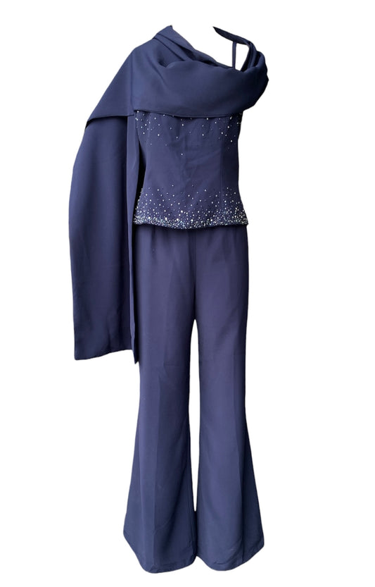 Indigo 3pc dressy pant set with shawl and beaded top