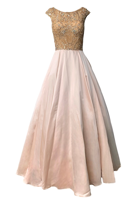 Buff satin A-line gown with caramel bead & opalescent gem encrusted mesh bodice