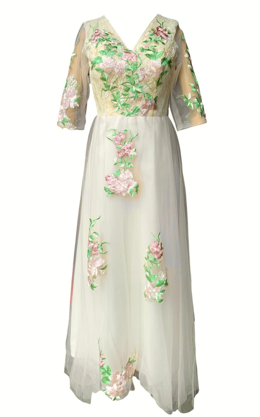 Cream 3/4 sleeve gown with mint & shell-pink embroidered floral overlays