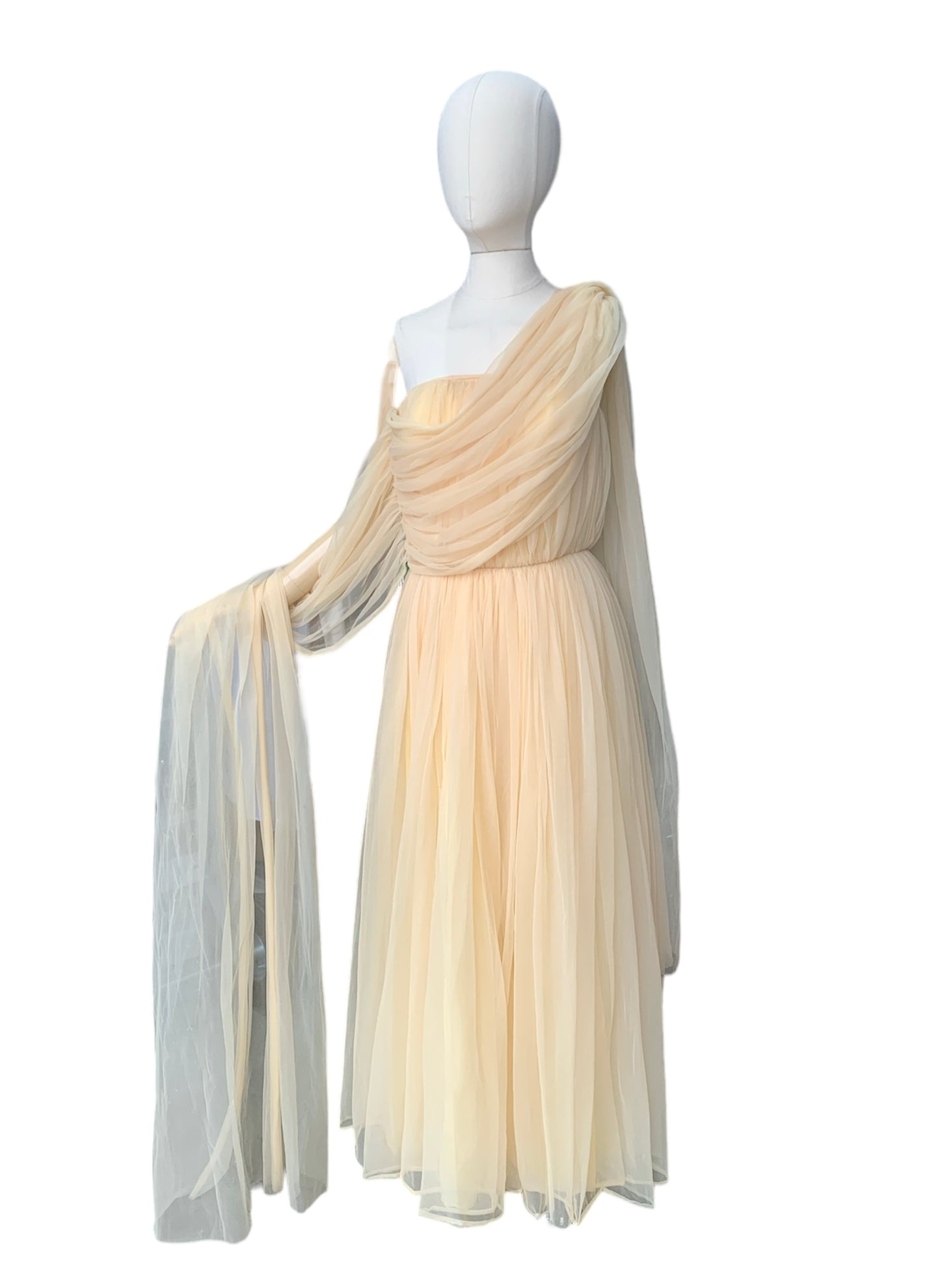 Buttermilk Grecian strapless gown with cascade