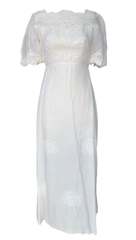 1940s Ivory Empire-Waist Sheath Wedding Dress with Lace Trimmed Square Neckline & Short Sleeves