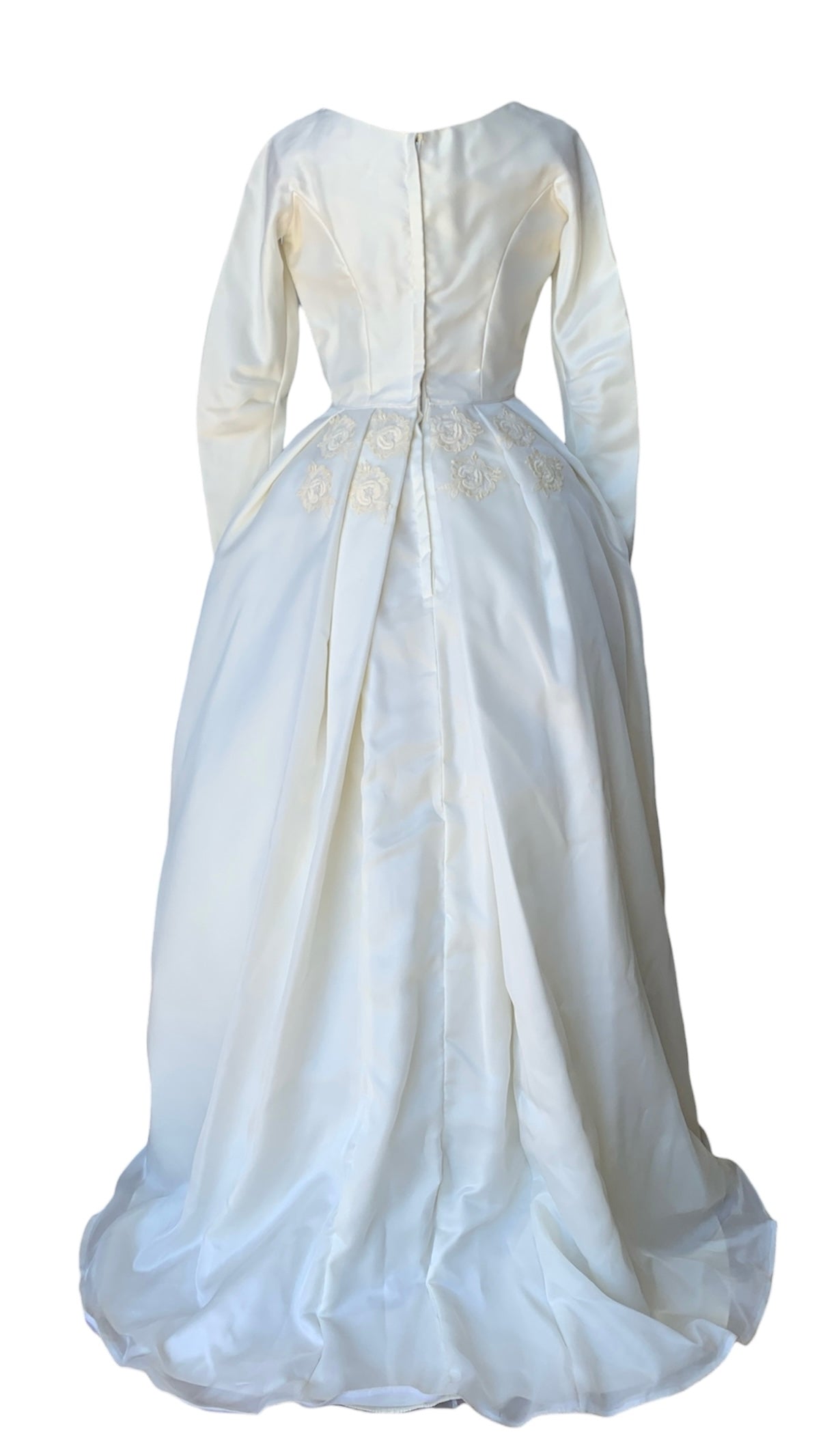 Early-mid ‘60s Satin Ballgown style with peaked bateau neckline