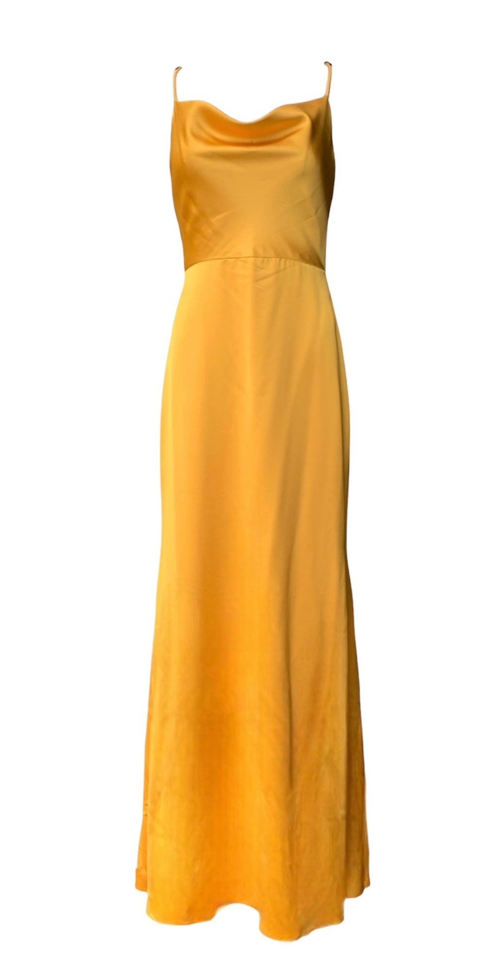 Harvest gold spaghetti strap gown with draped décolletage