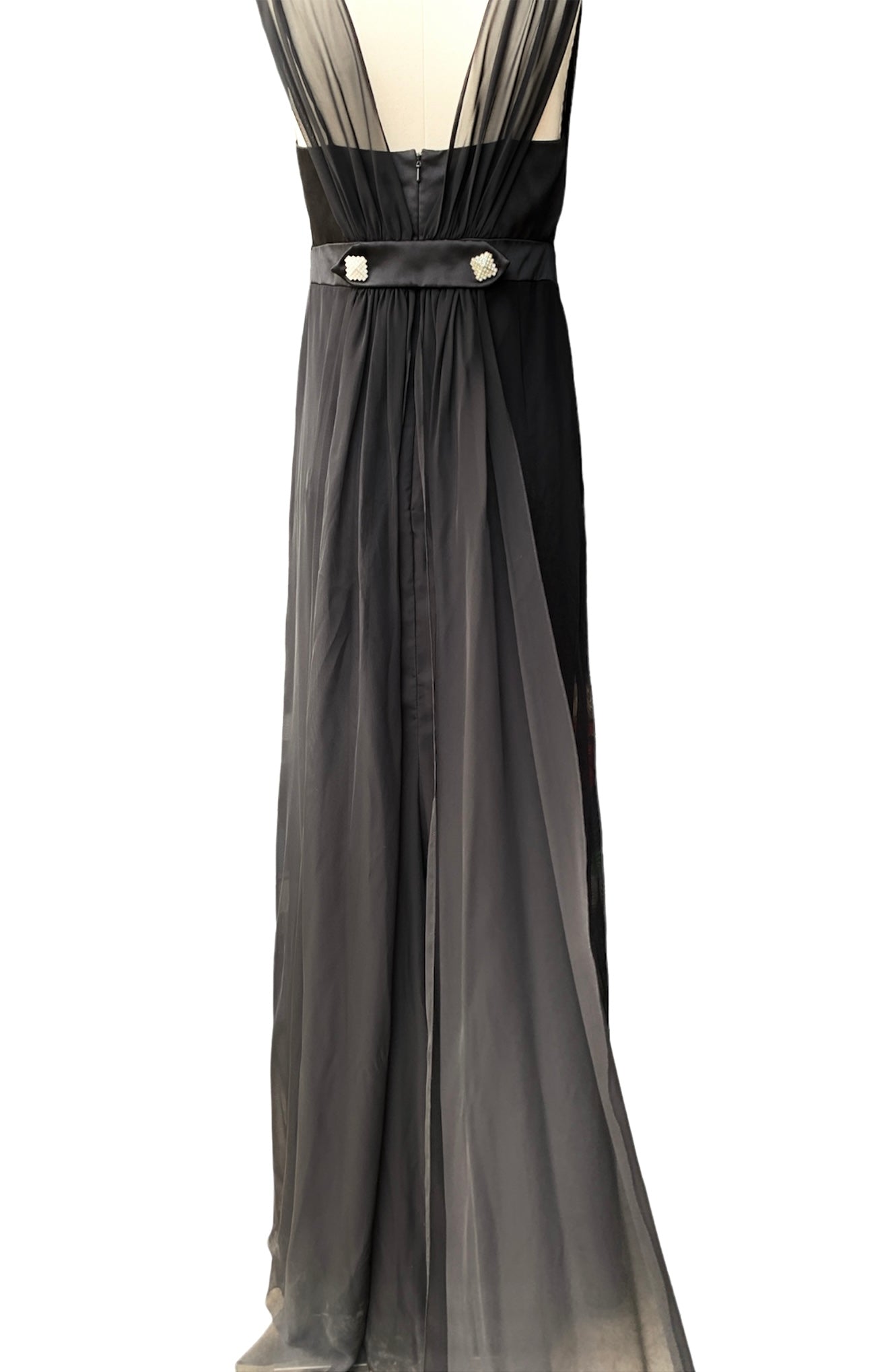 Black Empire waist satin bodice gown with chiffon skirt overlay and Grecian cascades over bust & shoulders, belted with gemmed accents buttons at back waist