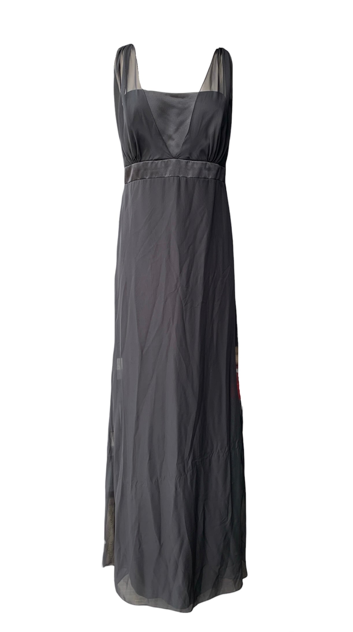 Black Empire waist satin bodice gown with chiffon skirt overlay and Grecian cascades over bust & shoulders, belted with gemmed accents buttons at back waist