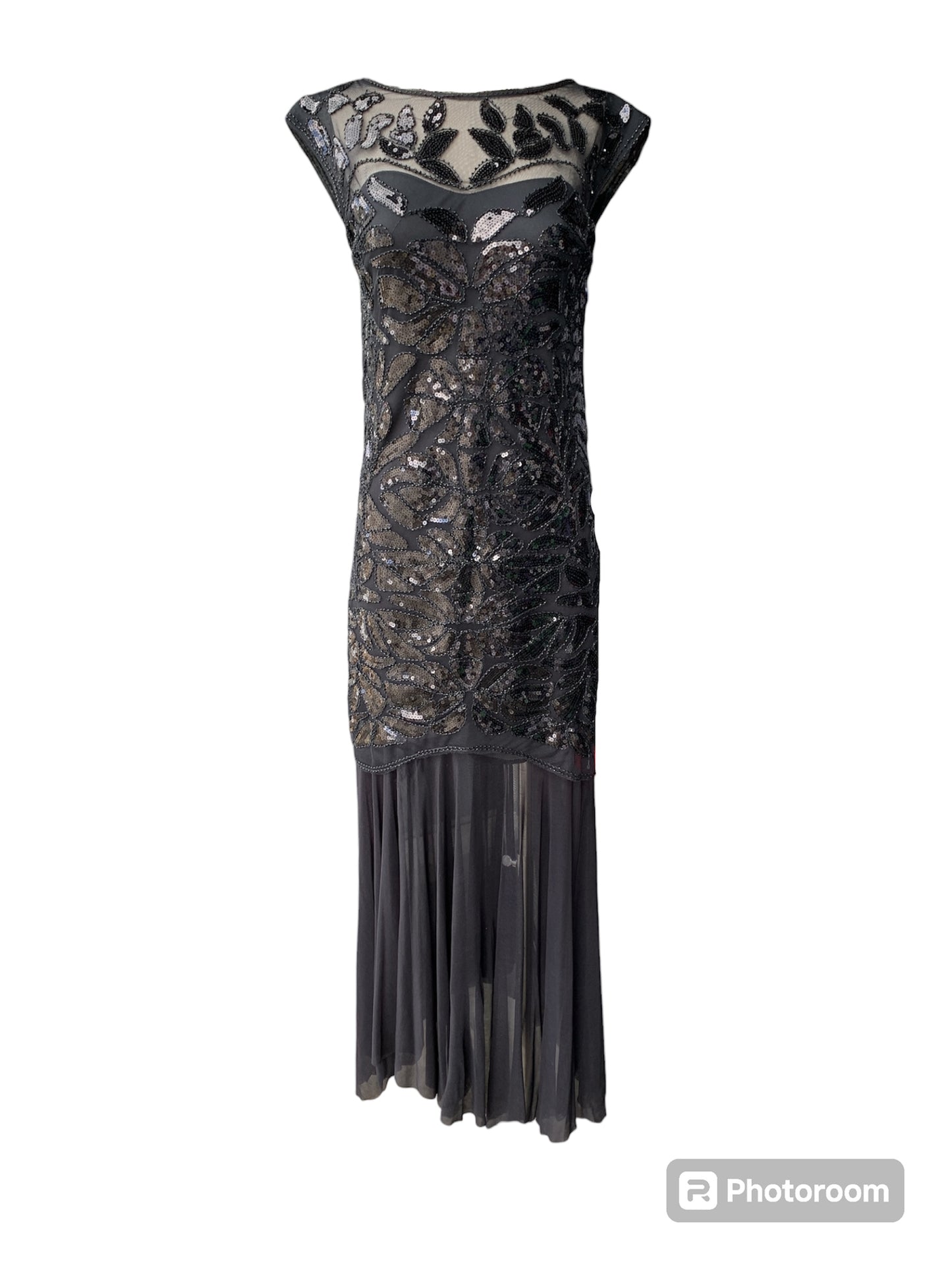 Black sleeveless faux-Thirties gown with Art Deco sequinned mesh overlay