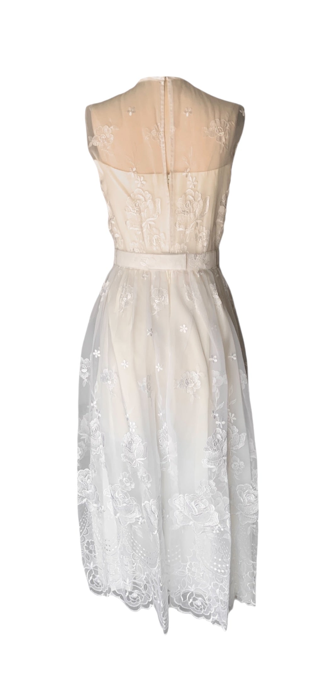 Ivory Floral Embroidered Organza Sleeveless Tea-length Column Dress